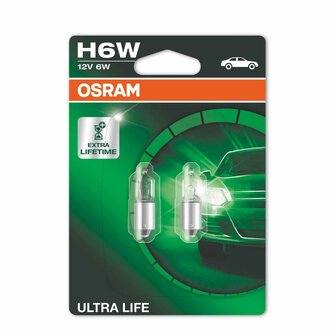 Osram Halogen Bulb H6W 12V 6W Ultra Life BAX9s 2 Pieces